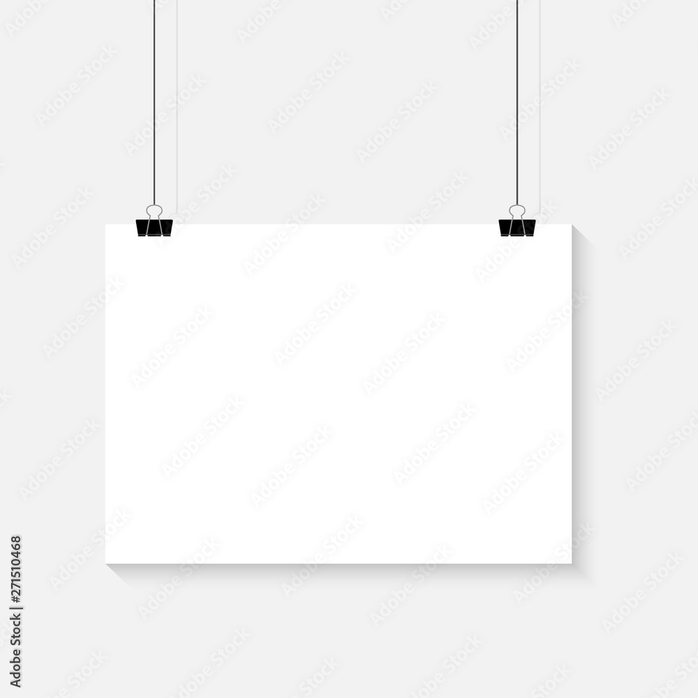 White poster hanging on binder. Transparent background with mock up empty paper blank. Layout mockup. Vertical template sheet White poster hanging on binder. Transparent background with mock up empty paper blank. Layout mockup. Vertical template sheet