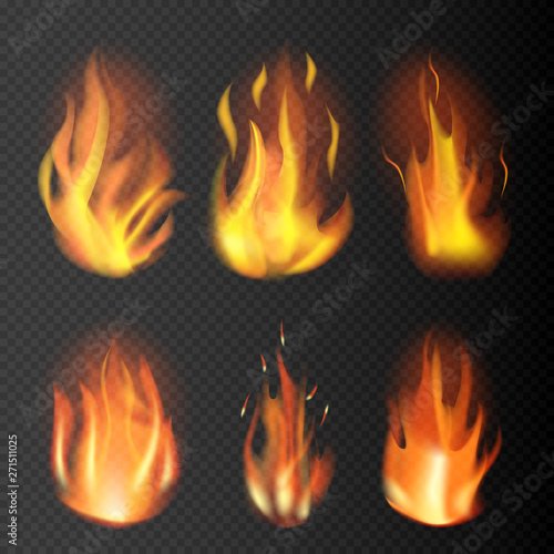 Realistic fire flames set on transparent background. 3D bonfire on transparent background isolated vector illustration