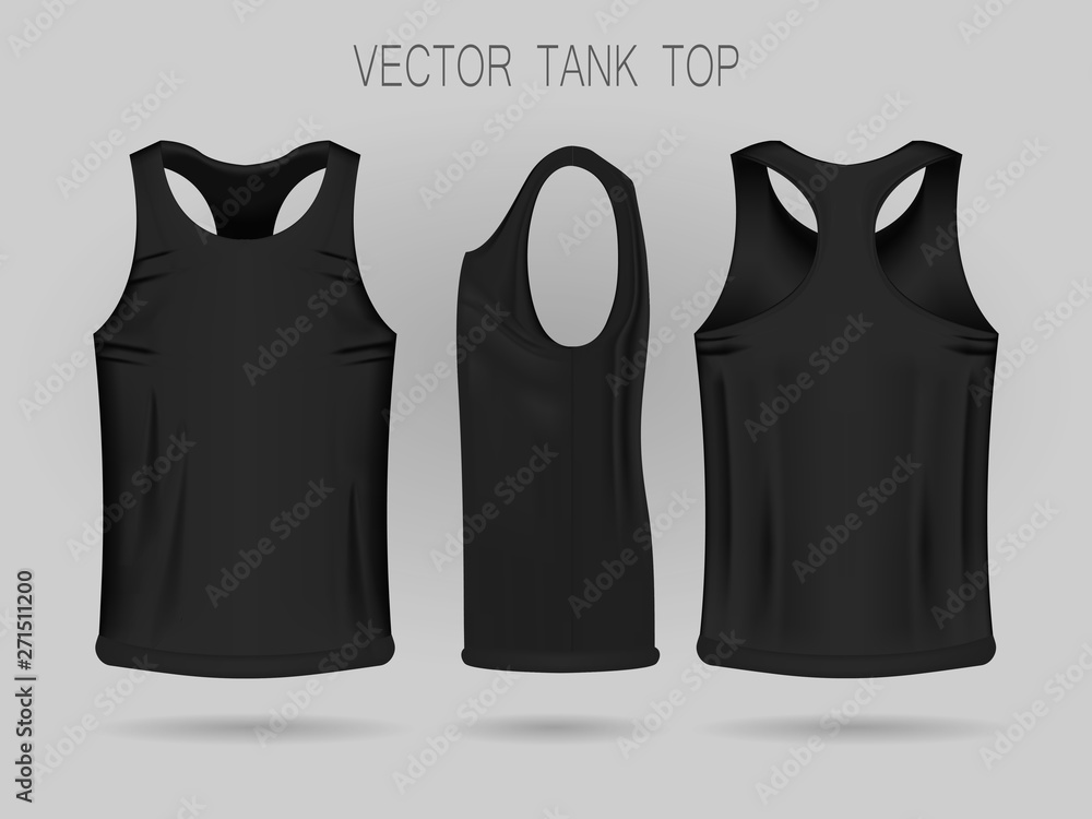 Men's black tank top template in three dimensions: front, side and back view.  Blank of realistic male sport shirts Stock Vector | Adobe Stock