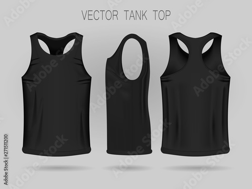 Men's black tank top template in three dimensions: front, side and back view. Blank of realistic male sport shirts
