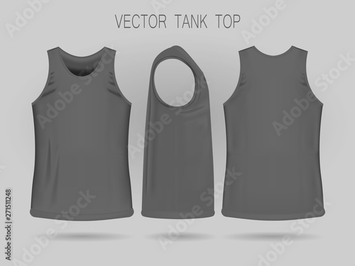 Men's gray tank top template in three dimensions: front, side and back view. Blank of realistic male sport shirts