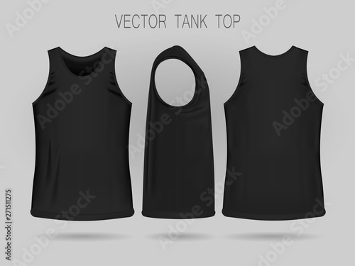 Men's black tank top template in three dimensions: front, side and back view. Blank of realistic male sport shirts