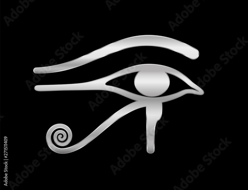 Eye of Horus. Ancient Egyptian silver symbol of goddess Wedjat. Vector illustration on black background.