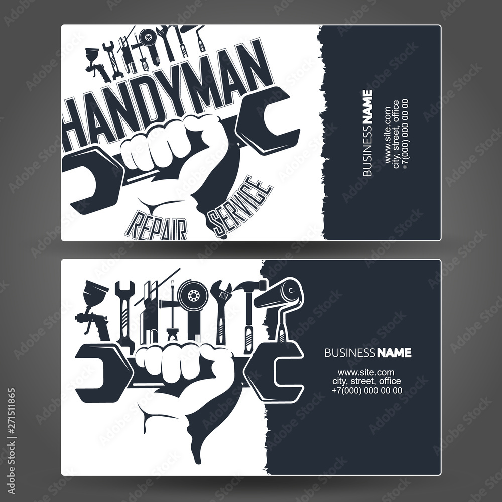 Tool in hand design business cards for handyman - obrazy, fototapety, plakaty 