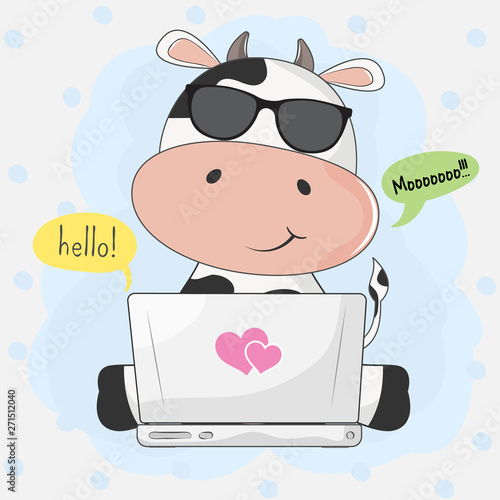 Cute cartoon cow playing in computer game through the Internet