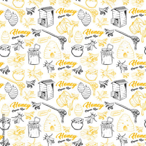 Honey Bee, Honeycomb And Jar Image Seamless Pattern Design In Sketch. Honey Comb, Pot, Bee Hive, Flowers Hand Drawn Vintage Elements On White Background Vector Illustration