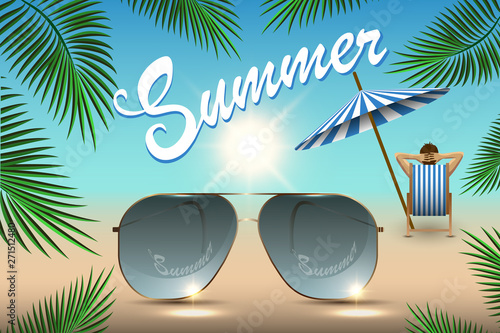 Summer banner for promoting sale, relaxing on the beach, sunglasses, palm tree leaves chaise longue and sunbathing tourist against the background of the ocean. Vector illustration.