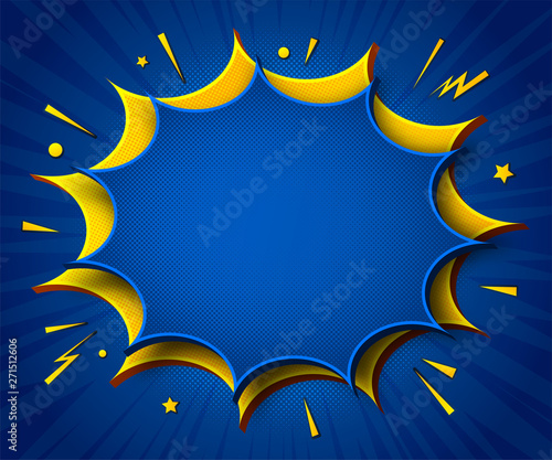 Comics background. Cartoon poster in pop art style with yellow-blue speech bubbles with halftone and sound effects. Funny colorful banner with place for text on blue backdrop with radial stripes