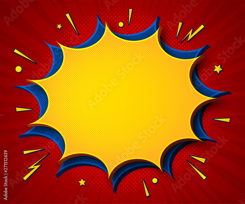 Comics background. Cartoon poster in pop art style with yellow-blue speech bubbles with halftone and sound effects. Funny colorful banner with place for text on red backdrop with radial stripes