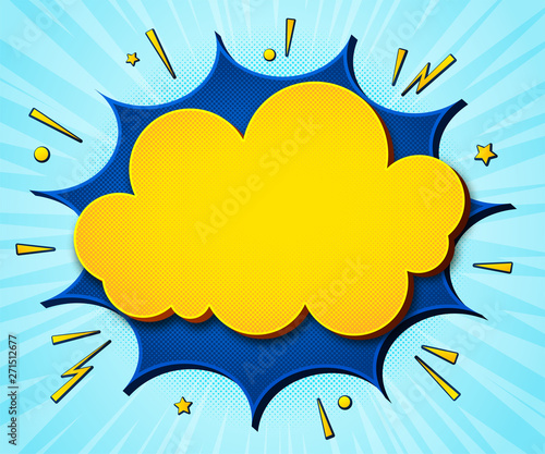 Comics background. Cartoon poster in pop art style with yellow-blue speech bubbles with halftone and sound effects. Funny colorful banner with place for text on blue backdrop with radial stripes