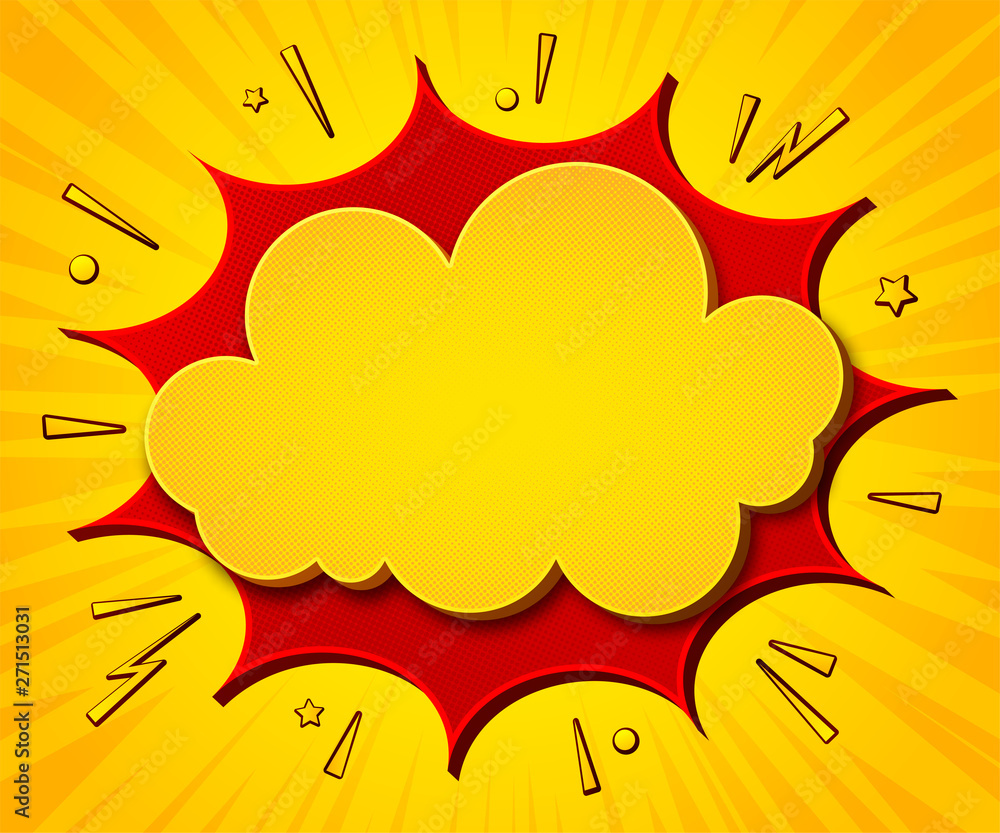 Comics background. Cartoon poster in pop art style with yellow-red speech bubbles with halftone and sound effects. Funny colorful banner with place for text on bright backdrop with radial stripes Comics background. Cartoon poster in pop art style with yellow-red speech bubbles with halftone and sound effects. Funny colorful banner with place for text on bright backdrop with radial stripes