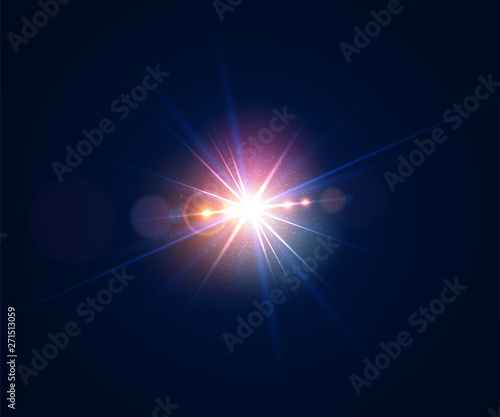 Glowing lens flare. Beautiful glare effect with bokeh, glitter particles and rays. Sparkling light effects of flash with colorful twinkle. Shining abstract background. Vector illustration.