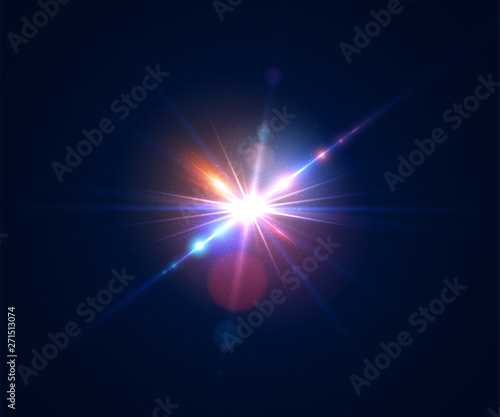 Glowing flash. Beautiful glare effect with bokeh, glitter particles and rays. Sparkling light effects of lens flare with colorful twinkle. Shining abstract background. Vector illustration.