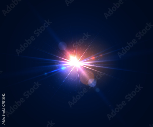 Glowing lens flare. Beautiful glare effect with bokeh, glitter particles and rays. Sparkling light effects of flash with colorful twinkle. Shining abstract background. Vector illustration.