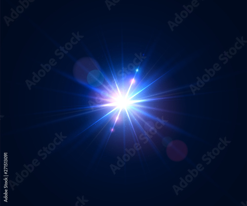 Glowing flash. Beautiful glare effect with bokeh, glitter particles and rays. Sparkling light effects of lens flare with colorful twinkle. Shining abstract background. Vector illustration.