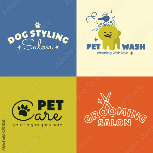 Logo for Dog Styling, Wash, Care and Grooming salon, veterinary clinic. Set of signs with Pet services. Icon with Spitz. Vector illustration of home animal cleaning. Business card or banner Design.
