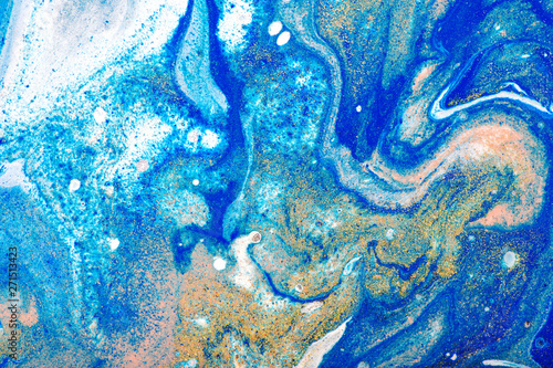 Fluid art painting abstract texture, blue, white, pink and gold. Color mix