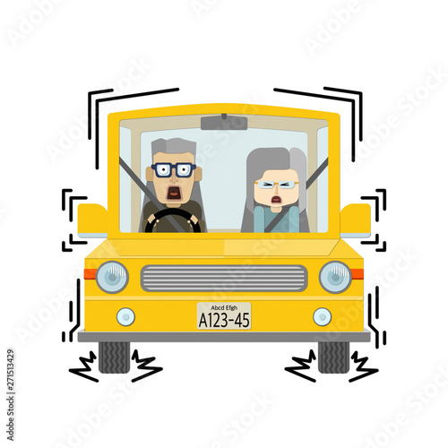 自動車に乗っている高齢の夫婦が急ブレーキをかけているイラスト 
