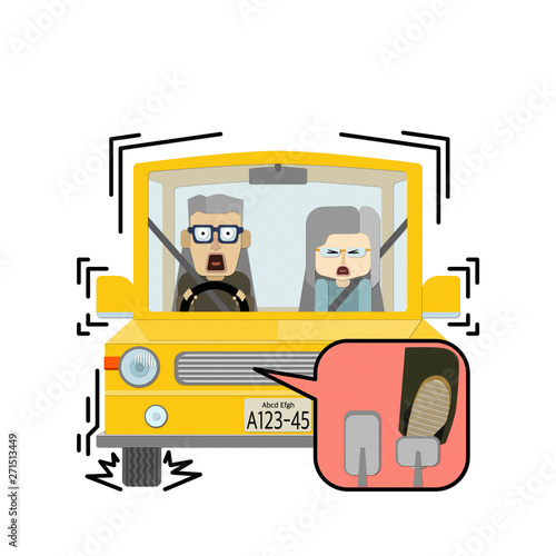 自動車に乗っている高齢の夫婦が急ブレーキをかけているイラスト 