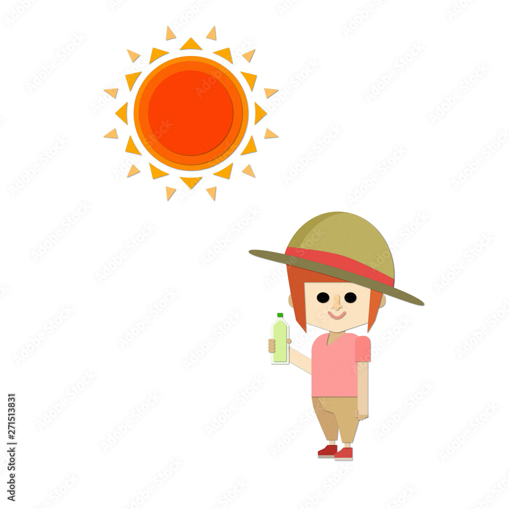 女の子が帽子をかぶって水分補給をして熱中症対策をしている熱中症のイラスト Stock Vector Adobe Stock