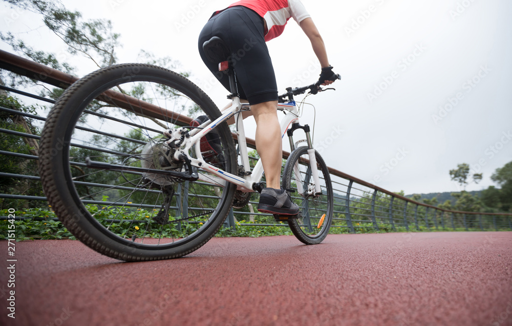 Woman cyclist riding mountain bike on forest trail Woman cyclist riding mountain bike on forest trail