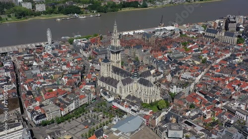 Aerial view of cityscape of Antwerp, gothic style landmark Cathedral of Our Lady Antwerp and river Scheldt in historic center of city - landscape panorama of Belgium from above, Europe photo