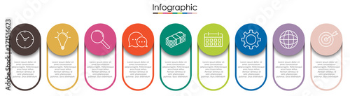 Vector infographic template with nine steps or options. Illustration presentation with line elements icons.  Business concept design can be used for web, brochure, diagram, chart or banner layout.