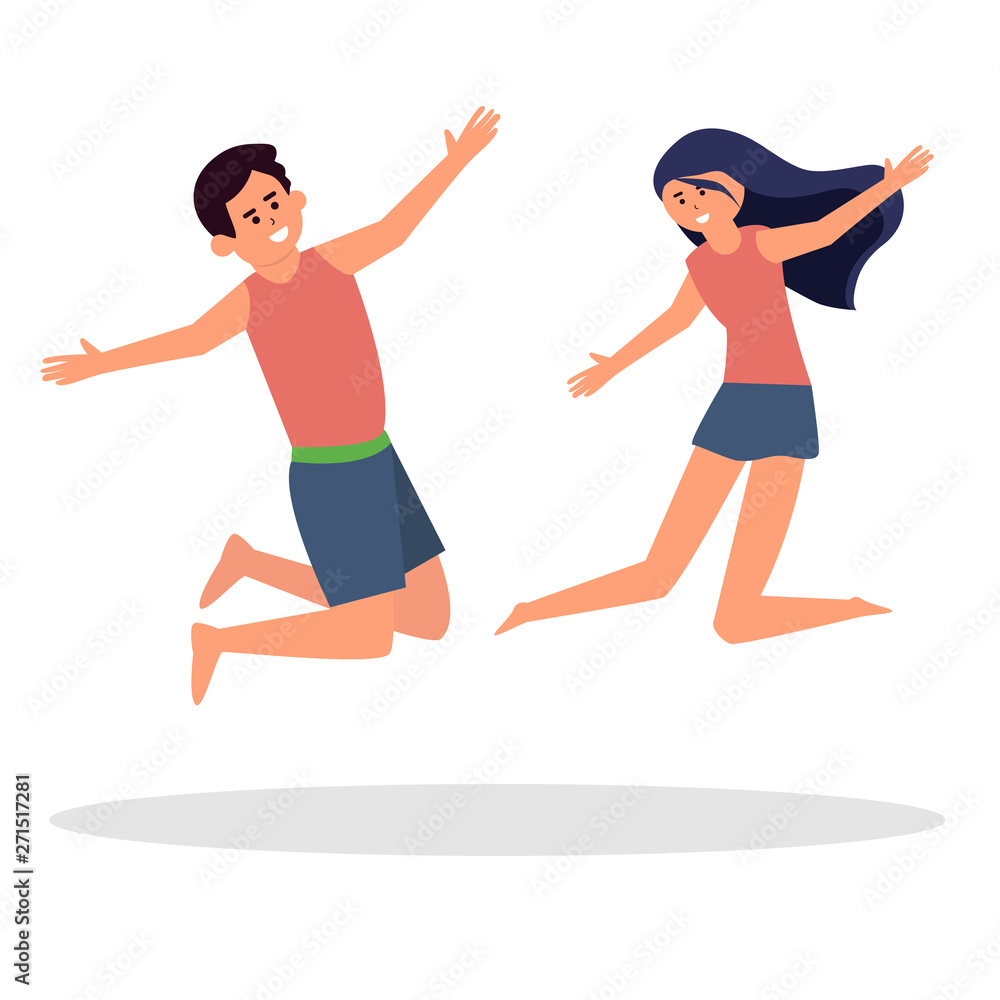 Happy couple guy and his girlfriend running hand in hand on the beach . Summer vacation and beach holidays in cartoon style.