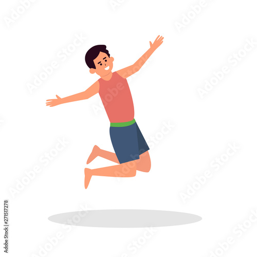 Happy suntanned boy jumps on beach. Summer vector illustration.