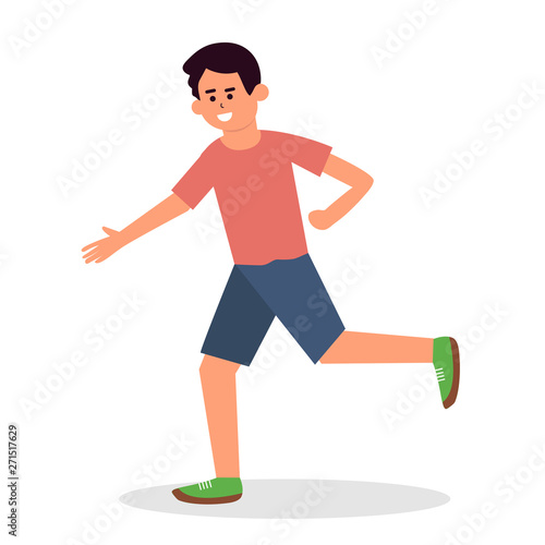 Funny cartoon running guy Cute run boy Jogging man Runner Fitness workout running male character Isolated White background. Flat design