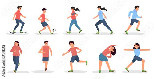 Set of people performing summer sports and leisure outdoor activities at beach, in sea or ocean - couple running, playing ball, volley, yoga, badminton. Colorful flat cartoon vector illustration