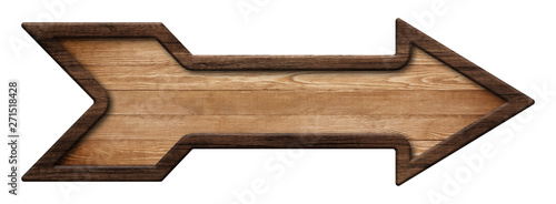 Wooden arrow shape signpost made of natural wood with dark frame photo