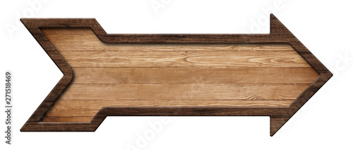 Wooden arrow shape signpost or signboard made of natural wood with dark frame photo
