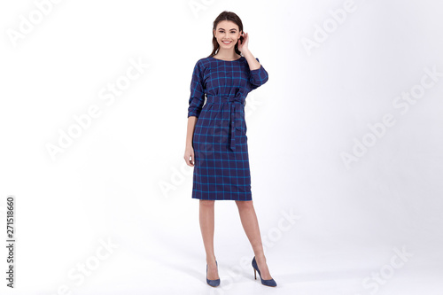 Beauty woman model wear stylish design trend clothing natural organic wool cotton dress casual formal office style for work meeting walk party blond hair makeup sexy pretty lady.