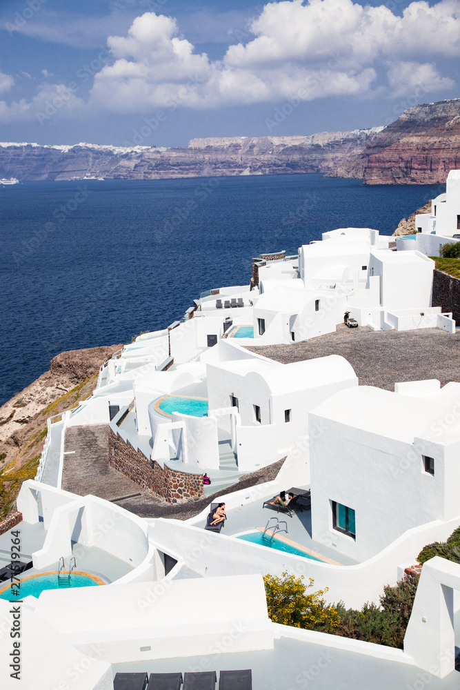 Fototapeta premium traditional white architecture over the Caldera, Aegean sea. Scenic travel background, Santorini
