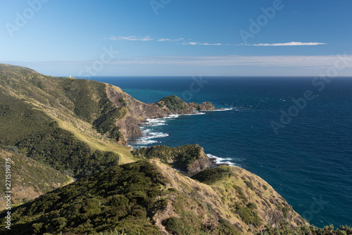 Elevated view of the rocky  Pacific coast of Cape Reinga  with the lighthouse visible in the background. Northland  New Zealand.