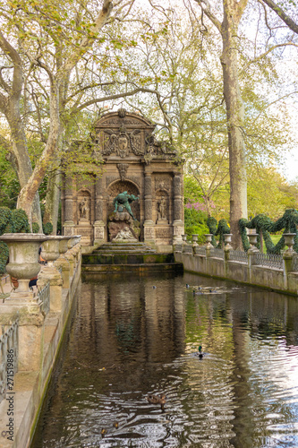 Paris, France - APRIL 9, 2019: Medici Fountain in the Luxembourg Garden, Paris