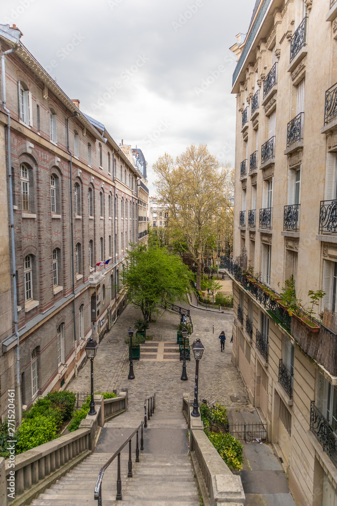 Paris, France - APRIL 8, 2019: Cozy Street. Cityscape of Paris. .City architecture details