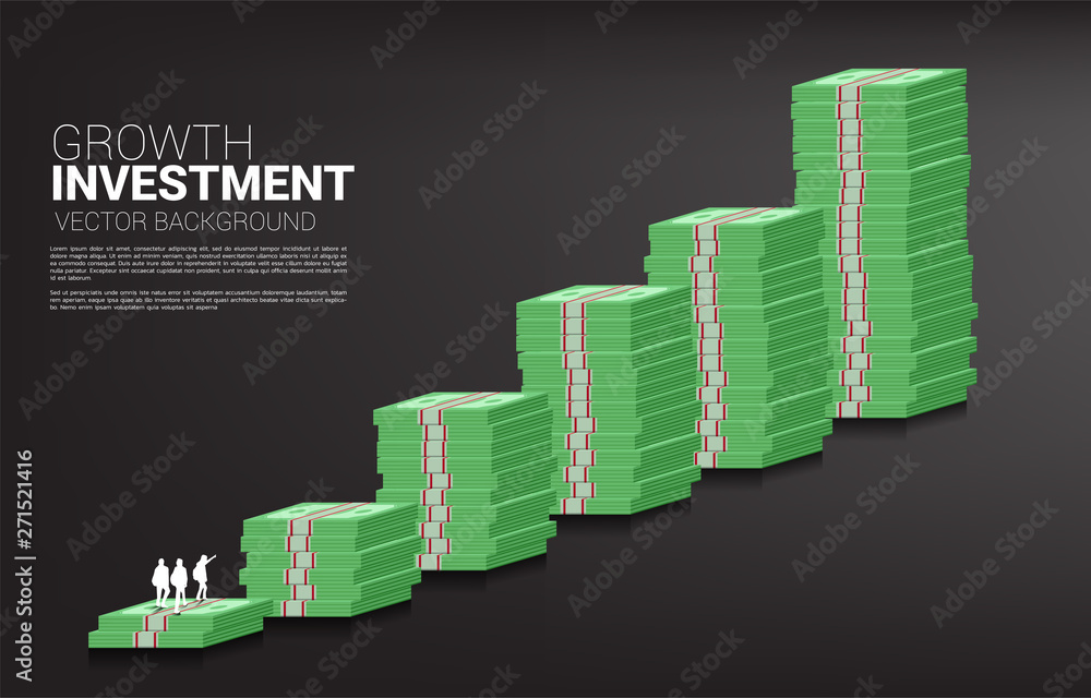 Fototapeta premium silhouette of team looking up to top of stack of banknote. Concept of success investment and growth in business