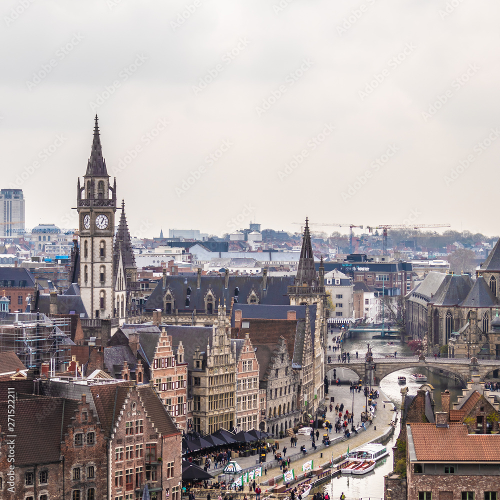 Ghent, Belgium - APRIL 6, 2019: View from the top of the city Ghent