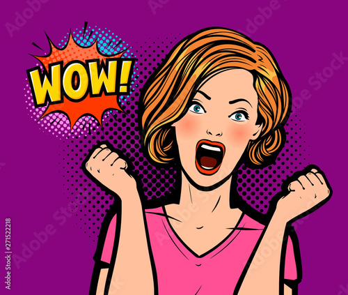 Sexy surprised woman. Wow, vector illustration in pop art retro comic style
