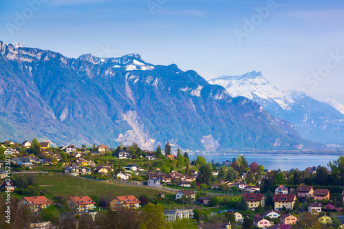 Suburbs of Montreux city with mountains in the background