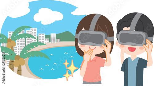 Illustration of a young couple VR travel