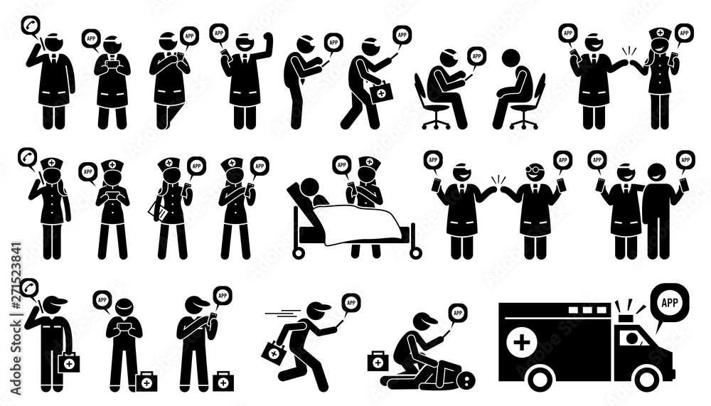 Medical healthcare mobile phone app for doctor, nurse, emergency medical technician and patient. Vector artwork depicts happy doctor, nurse, EMT, and patient using smartphone app technology. Medical healthcare mobile phone app for doctor, nurse, emergency medical technician and patient. Vector artwork depicts happy doctor, nurse, EMT, and patient using smartphone app technology.