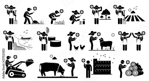 Workers from agriculture industry using mobile app technology with their smart phone. Vector artwork depicts, farmer, fisherman, gardener, swiftlet owner, and logger holding a smart phone for work.