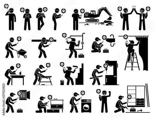 Construction and industrial worker using mobile app with smartphone. Vector artwork depicts construction worker, handyman, technician, and industry labors holding a smart phone to do their jobs.