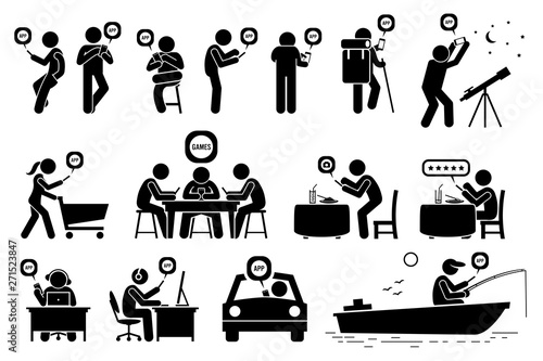 People using smartphone app for various activities. Vector depict use of mobile app for star gazing, shopping, multiplayer mobile games, rating reviews, Internet, GPS routing, and fishing.