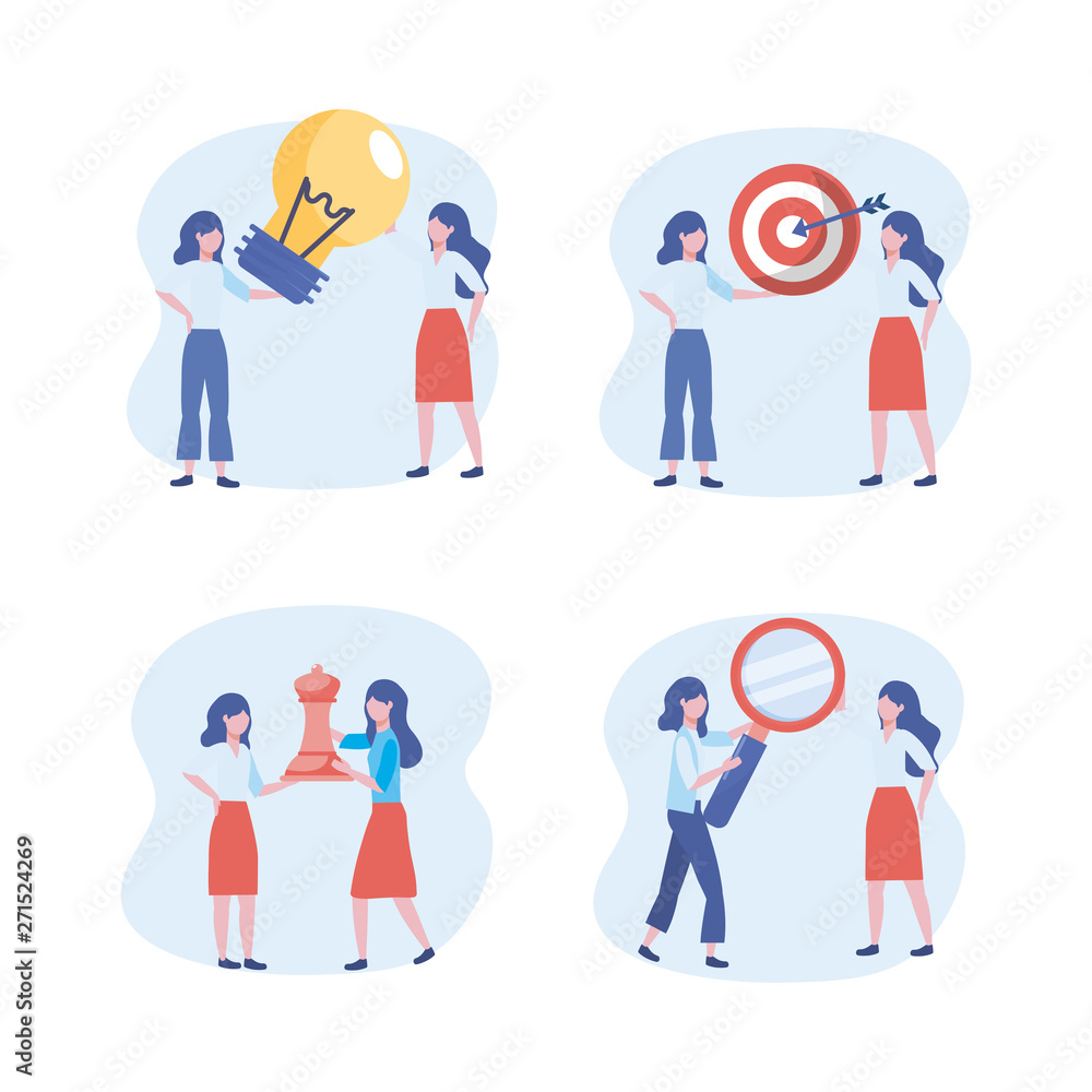 set of businesswomen with bulb idea and target with queen chess and magnifying glass set of businesswomen with bulb idea and target with queen chess and magnifying glass