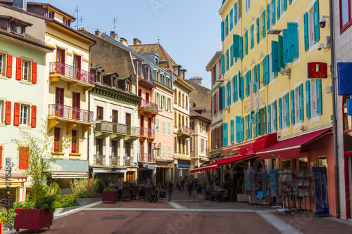 Old town buildings in Evian-les-Bains city in France