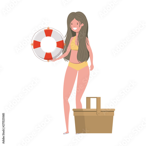 woman with swimsuit and lifesaving float in white background